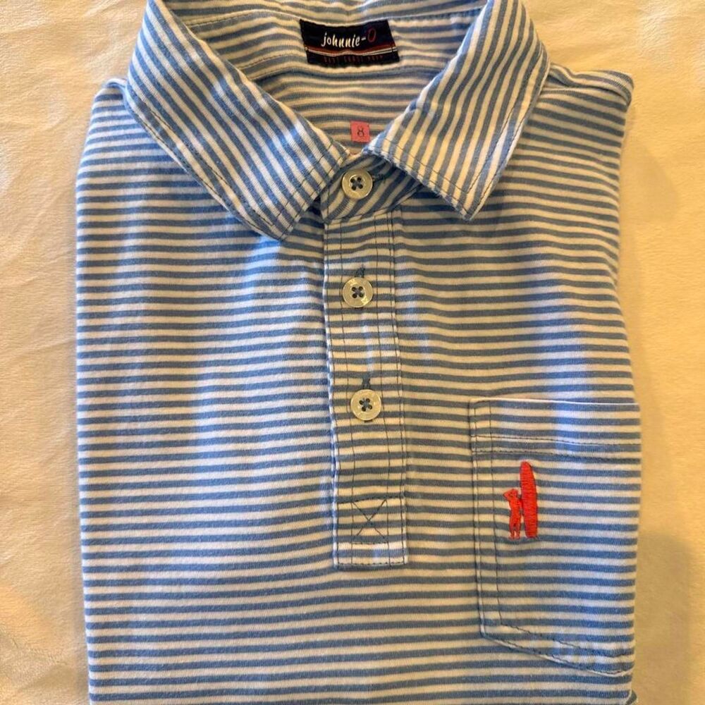 Boys size 8 Johnnie-O blue and white striped 100% cotton polo shirt